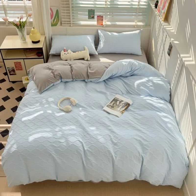 seersucker bed sheet four-piece set washed cotton skin-friendly and comfortable rhombus quilt cover solid color quilt cover