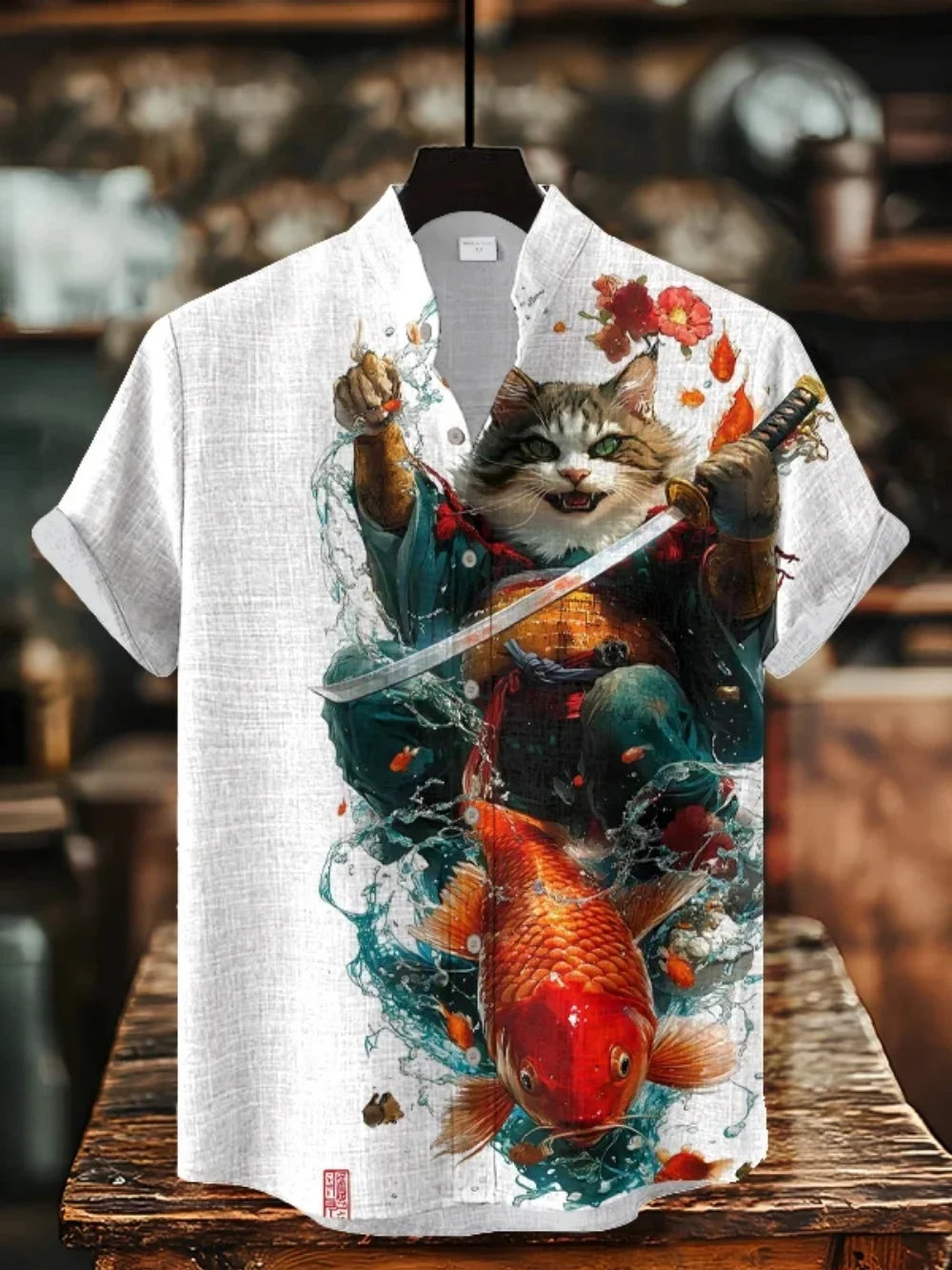 Men's Fashionable Black Cat Retro Print Shirt Short Sleeved Stand up Collar Cardigan Summer Casual Breathable Men's Clothing