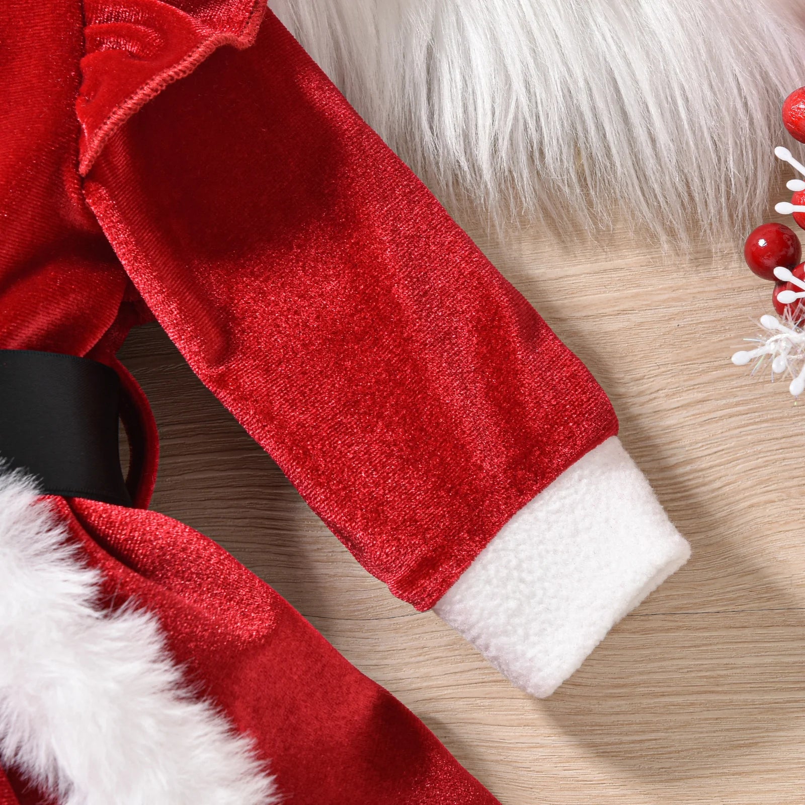 0-18 Months Baby Girls Christmas Velvet Romper Dress Terry Trim Long Sleeve Jumpsuit Santa Hat Adorable Fall Outfits