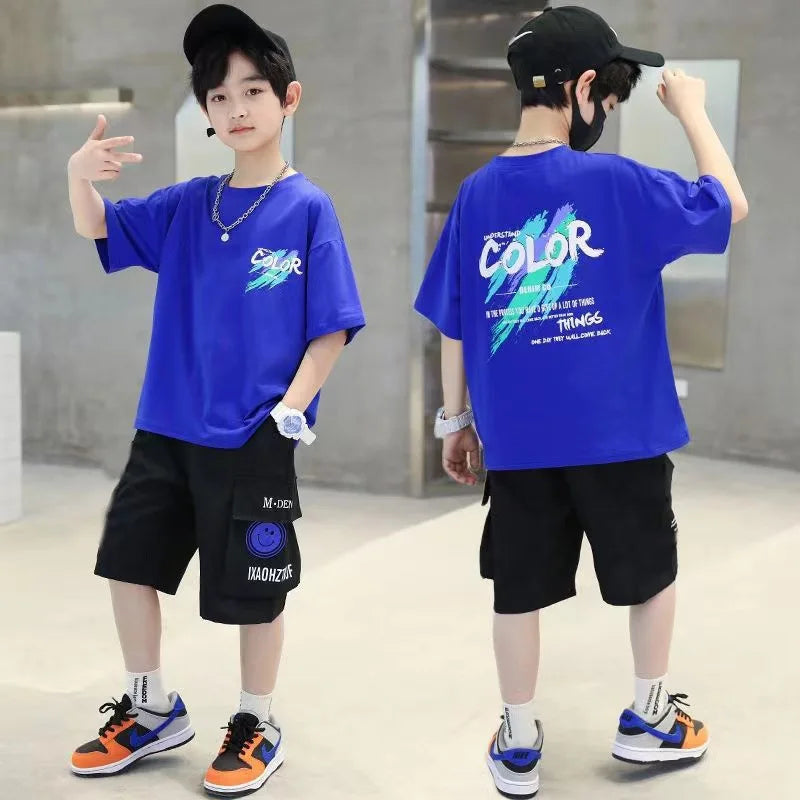 Teen Boys Clothing Set Summer Letter Graffiti Short Sleeve T-shirt+Shorts 2Pcs Suit For 5 6 8 10 12 Years Kids Casual Outfit