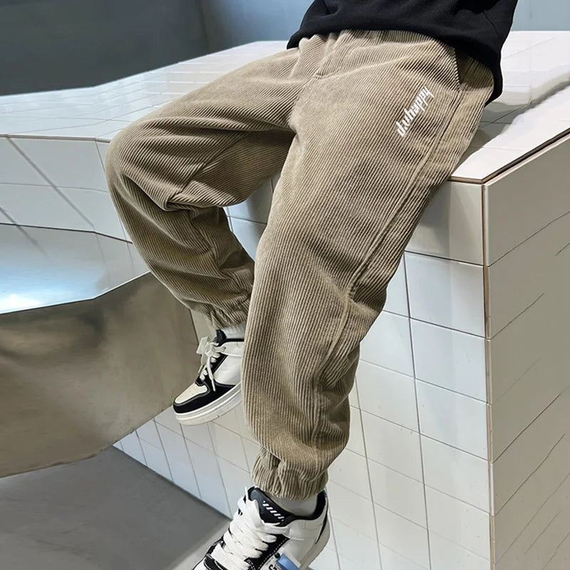 Children's Plus Velvet Pants Boys Padded Trousers Winter New Kids Elastic Waist Sweatpants Teenager Casual Fleece Clothing