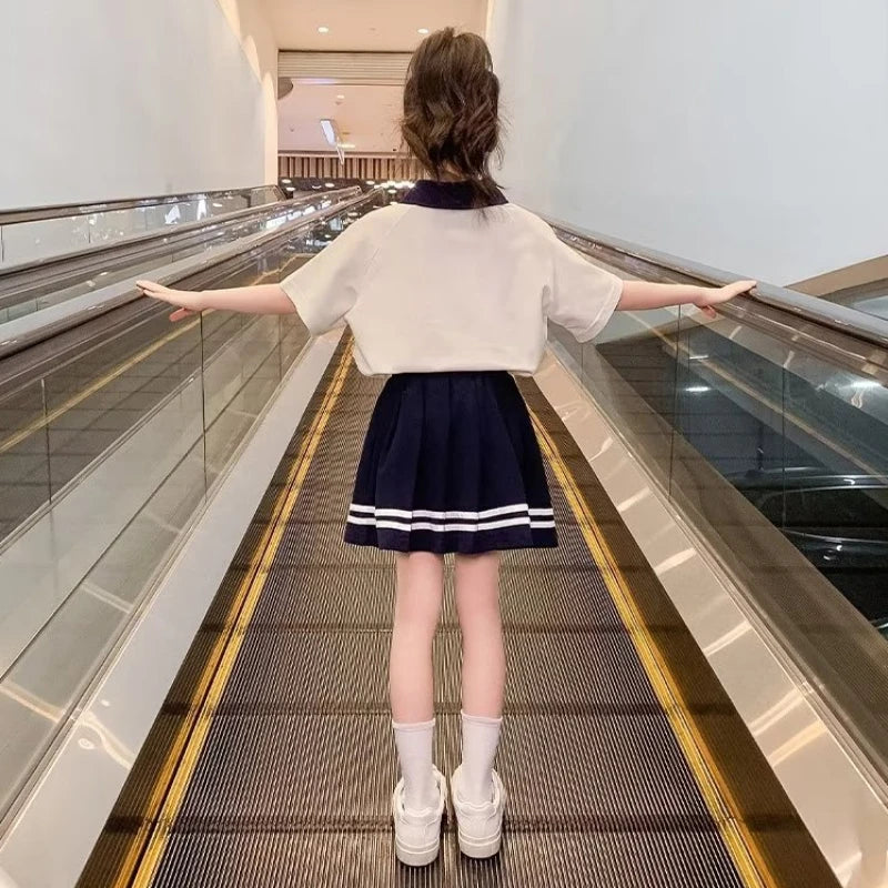 Summer Teenage Girls Clothes Set Children Lapel Tshirt and Pleats Skirts Suit Student School Short Sleeve Top Bottom Outfits