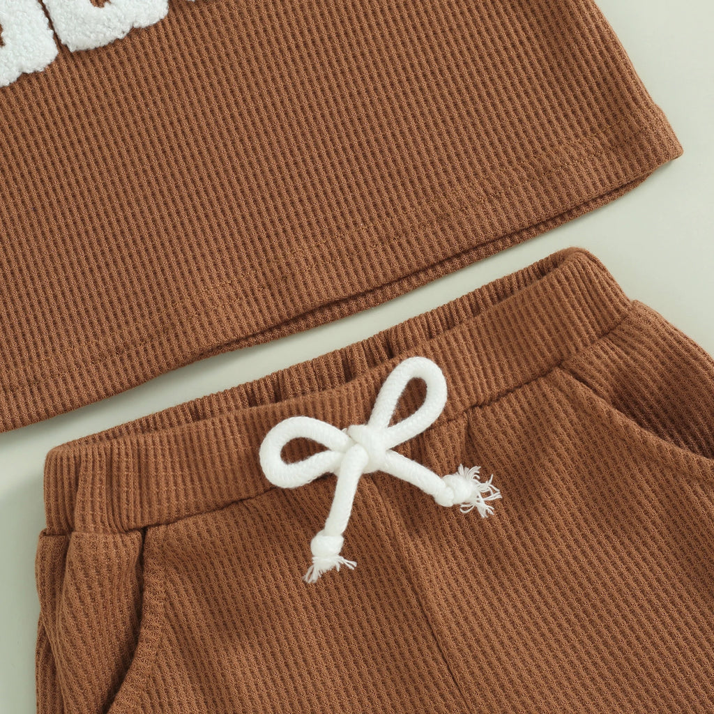 Tregren 0-3Y Toddler Boys Waffle Outfits Summer Short Sleeve Letter Print Tops + Drawstring Shorts Set Newborn Infant Clothes