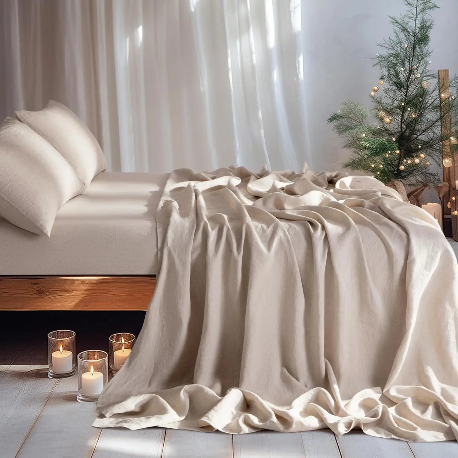 Linen Sheets Set,100% French Stone Washed Pure Linen Bed Sheets, 3 Pieces (1 Flat Sheet, 2 Pillowcase) Suitable for Hot Sleepers