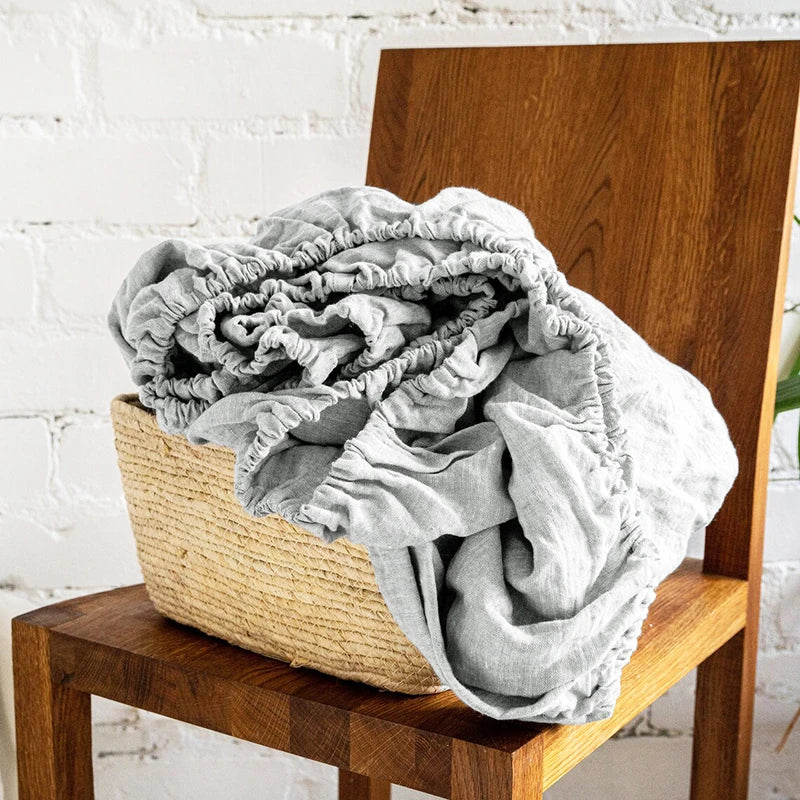 100% Linen Fitted Bed Sheet with Elastic Band Solid Color Anti-slip Adjustable Mattress Cover for Single Double King Queen Bed