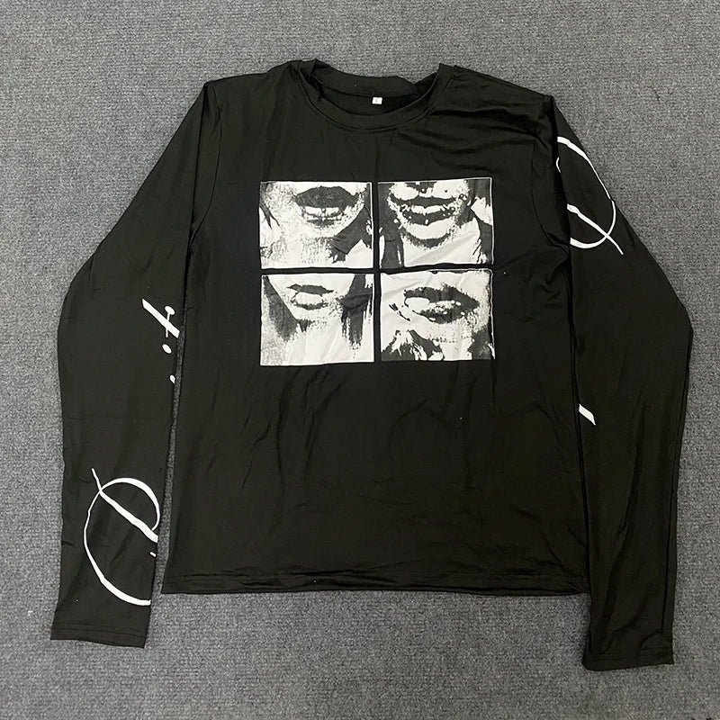 Unisex Dark Street Punk Long Sleeved T-shirt American Letter Print Top for Men And Women