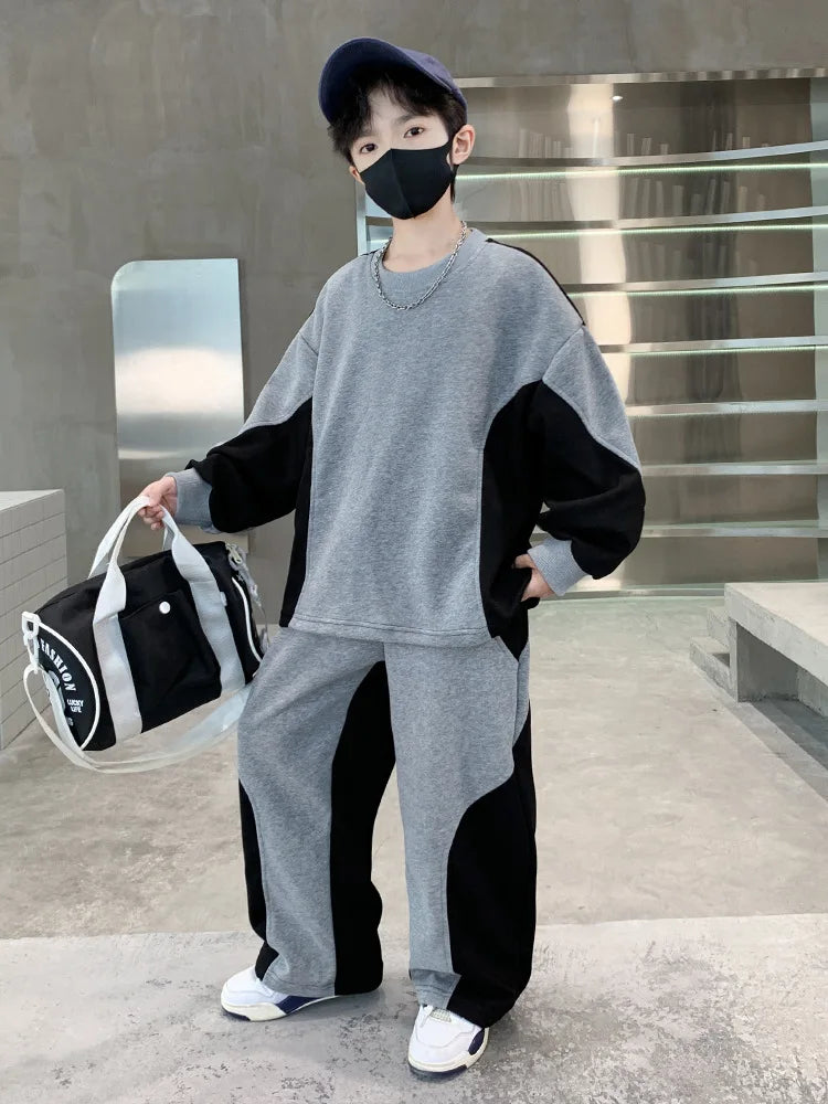 2025 teenager boys Suit autumn winter Cloth letter striped sweatshirt hooded + wide leg Pants tracksuit 5 8 10 12 Year Child set