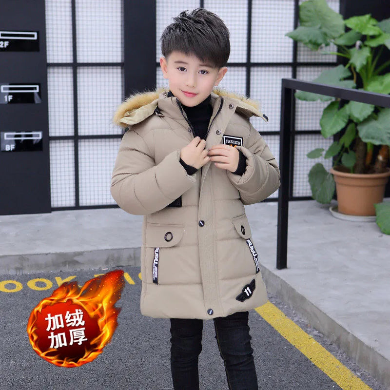 5 6 8 10 12 14 Years Big Boys Jacket Autumn Winter Plus Velvet Warm Teen Kids Jackets Fashion Mid-Length Zipper Hooded Boys Coat