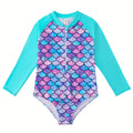 Bikini Cut Bottom Swimwear Kids Girl Color Blocking Raglan Long Sleeve Swimsuit Scale Print Rush Guard Zipper Swimming Suit New