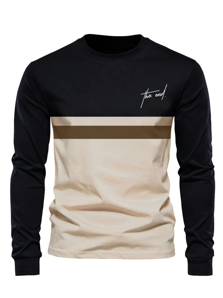 Men's Long Sleeve T-shirt Beige and Black Color-block Design Letter Print Stretchy Autumn Top Casual Basic Long Sleeve Clothing