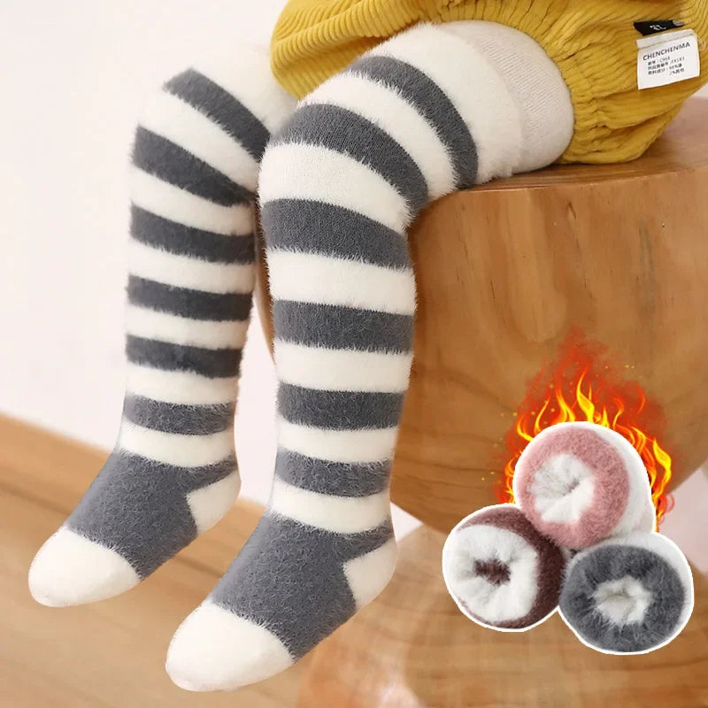 Winter Plush Long Socks for Boy Girl Korean Striped Warm Baby Knee High Socks Thick Mink Fur Anti-Cold Toddler Kids Floor Socks