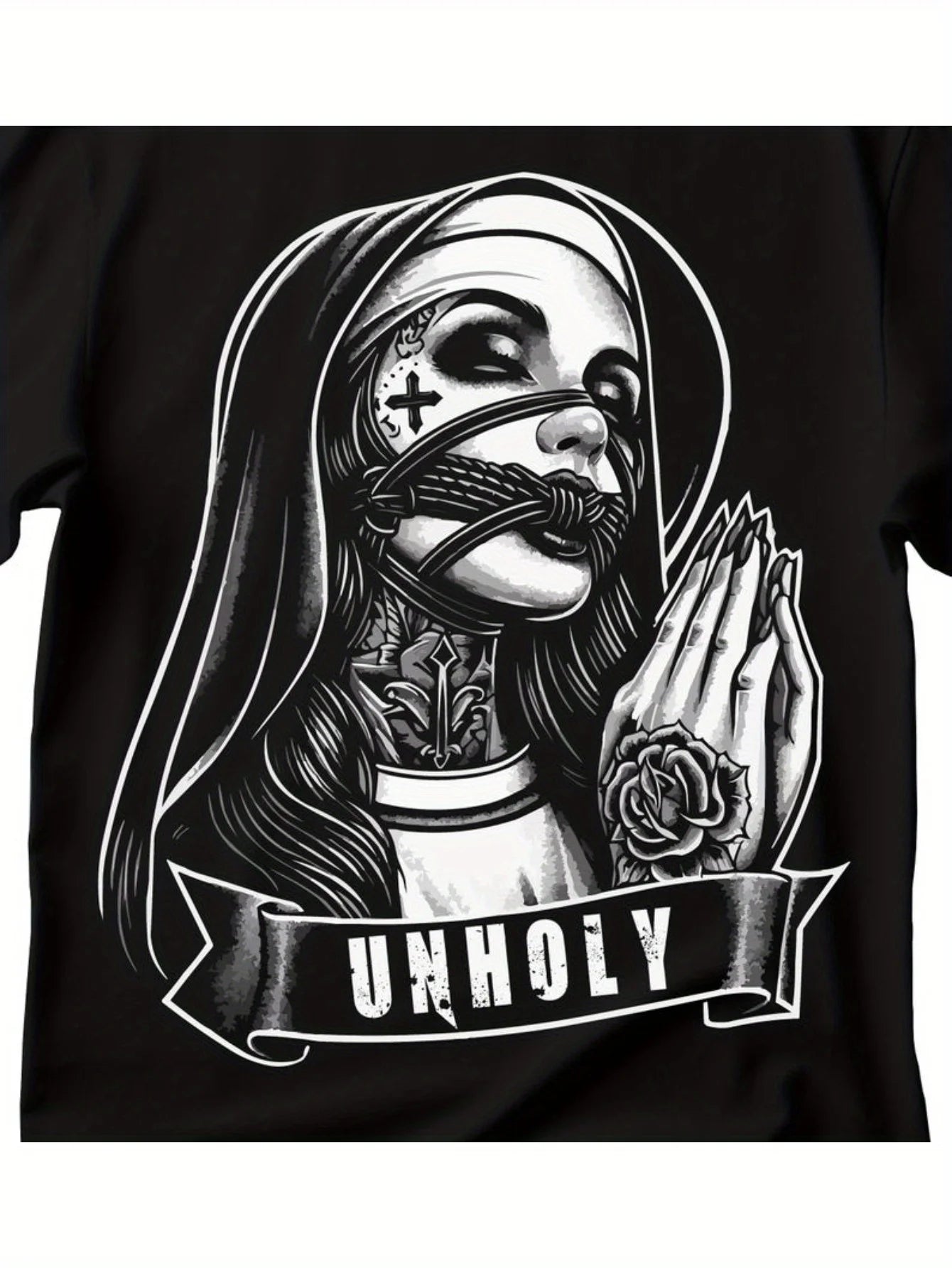 Men's Gothic Horror Design T-shirt Satanist Nuns Print Small Design Men's T-shirt Dark Unique Rebellious Personality Pure Cotton