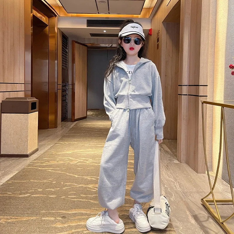 2025 autumn winter Girl grey Teens tracksuit zipper crop top Jacket hooded top and bottom wide leg pant child set 4 8 10 12 year