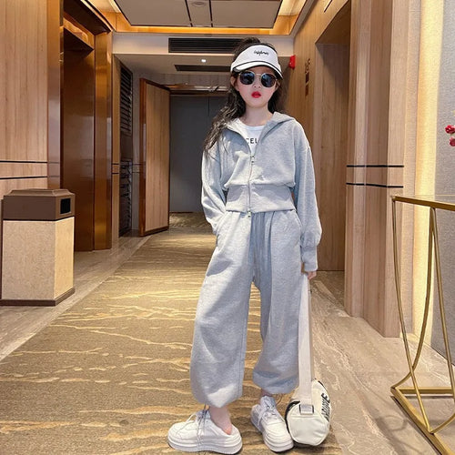 2025 autumn winter Girl grey Teens tracksuit zipper crop top Jacket hooded top and bottom wide leg pant child set 4 8 10 12 year