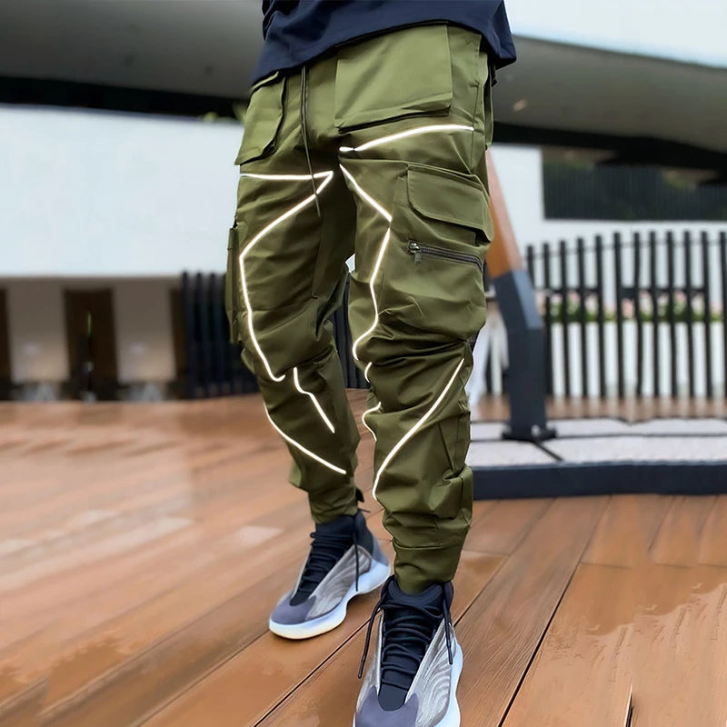 Men's Casual Pants Multi-pocket Cargo Trousers Striped Reflect Sweatpants Breathable Lightweight Jogging Trousers Gym Trackpant