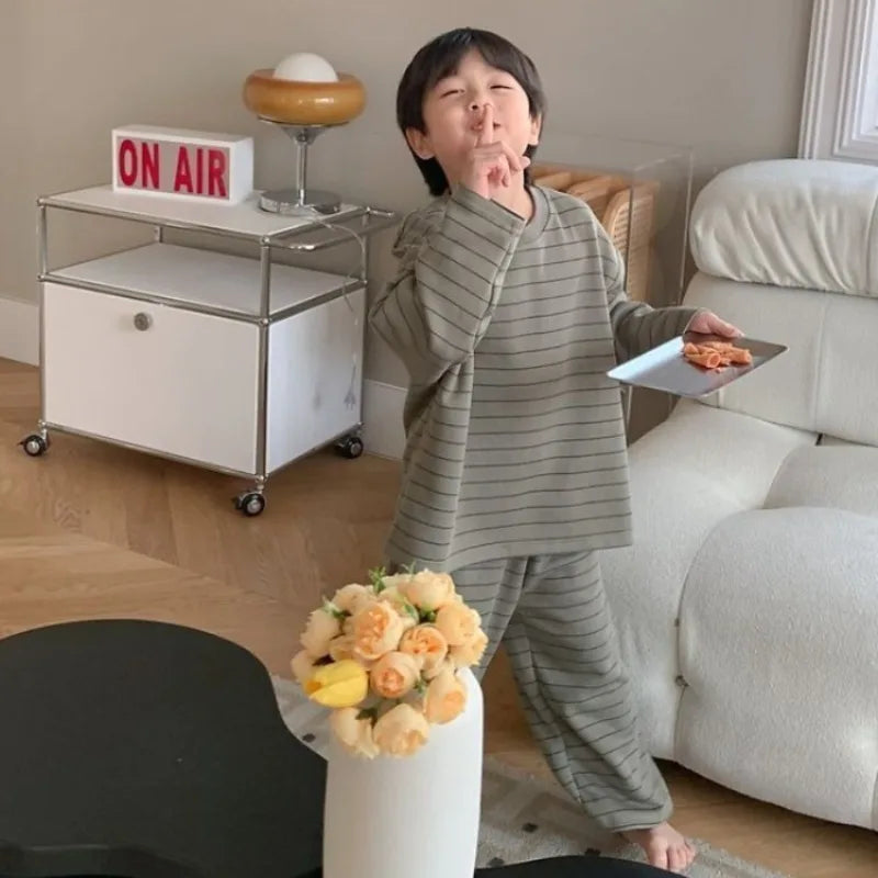 Dralon Thermal Set for Toddler Boys Autumn Winter Long Sleeve Pajamas with High Neck Wear for Kids Warm Cotton Lined Sleepwear