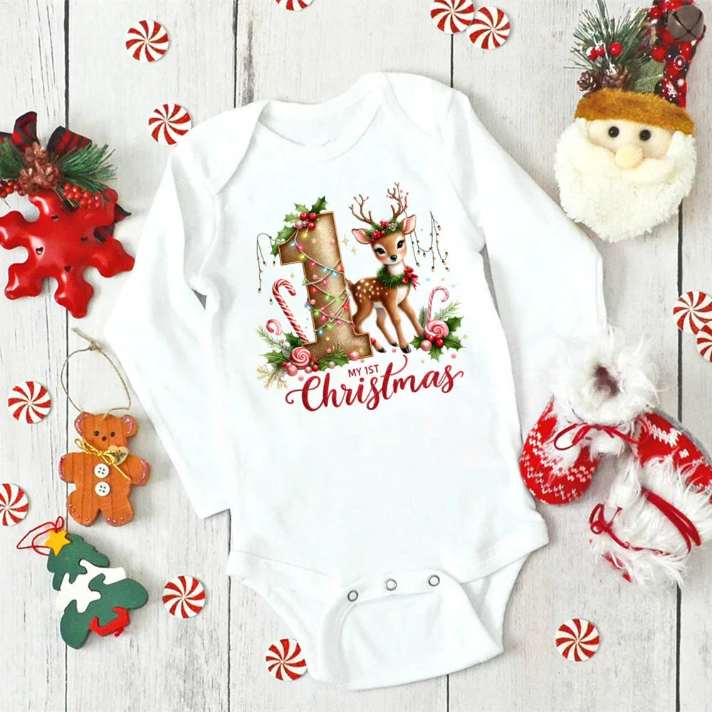 My 1st Christmas Deer Print Baby Romper Newborn Long Sleeve Romper Xmas Toddler Jumpsuit Christmas Party Infant Bodysuit Outfit
