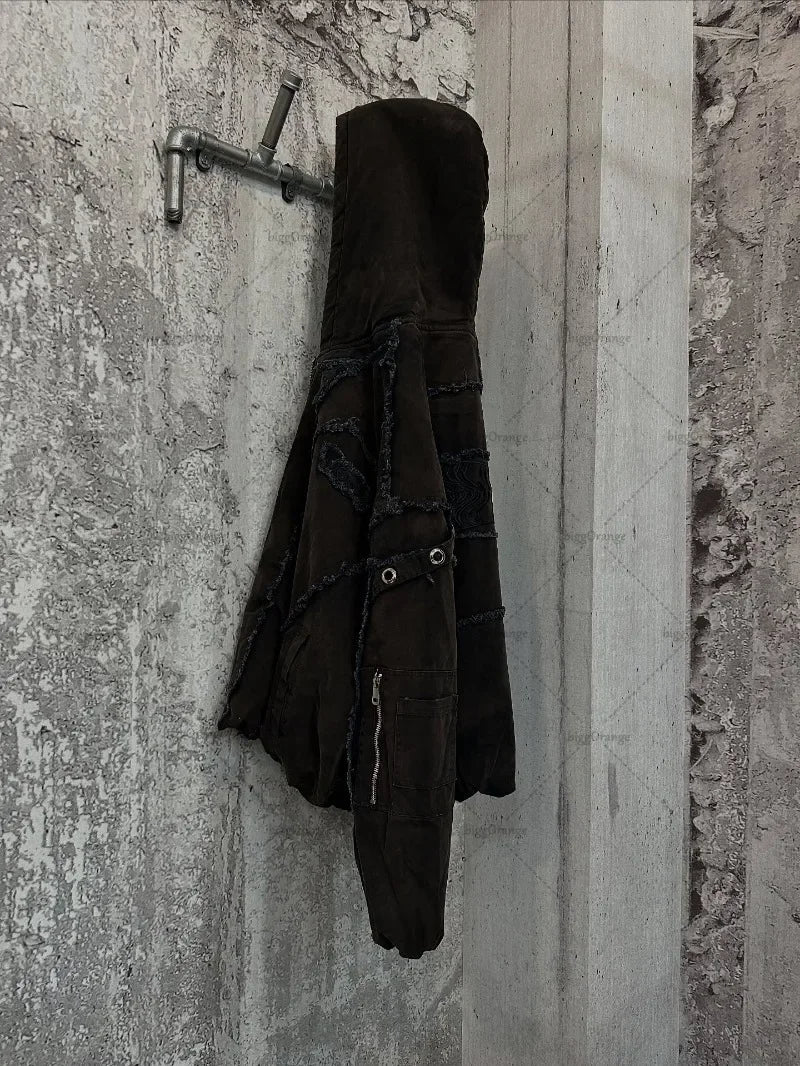 New Gothic Punk Dark Striped Patchwork Zipper Hoodie Men American Retro Loose Streetwear Hip-hop Casual Oversized Sweatshirt