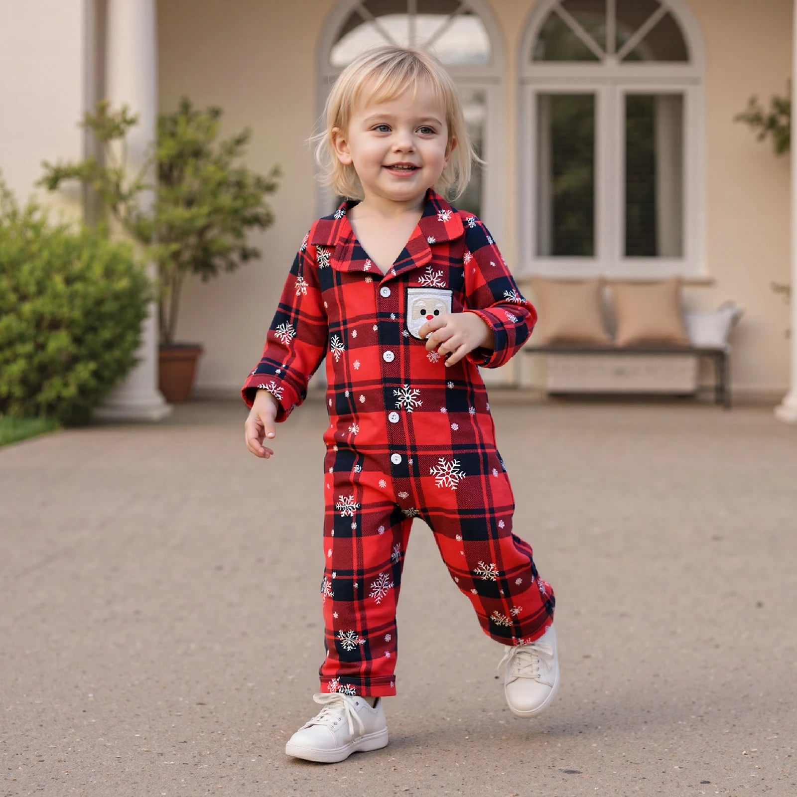0-18M Newborn Baby Christmas Pajamas Plaid Snowflake Print Button Down Lapel V Neck Long Sleeve Romper