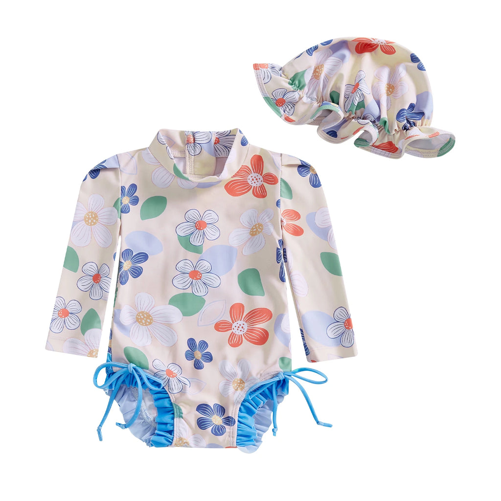 Newborn Baby Girl Swimsuit Summer Adorable Floral/Shell Print Long Sleeve Mock Neck Bathing Suit with Hat Rash Guard Swimwears