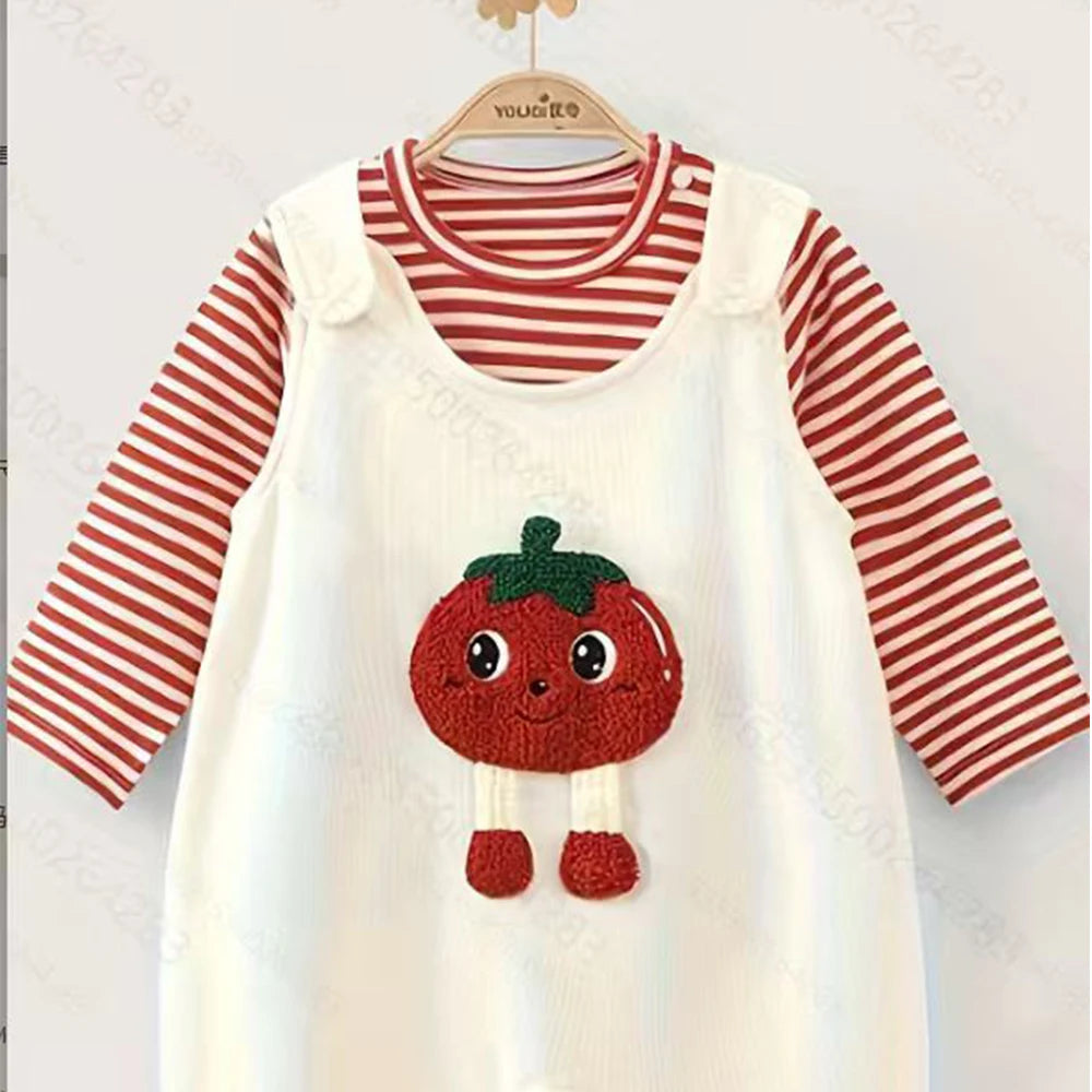 New Baby Set Spring and Autumn Cute Tomato Series Long Sleeve Base+Strap Pants Two Piece Combination Set Cute Style