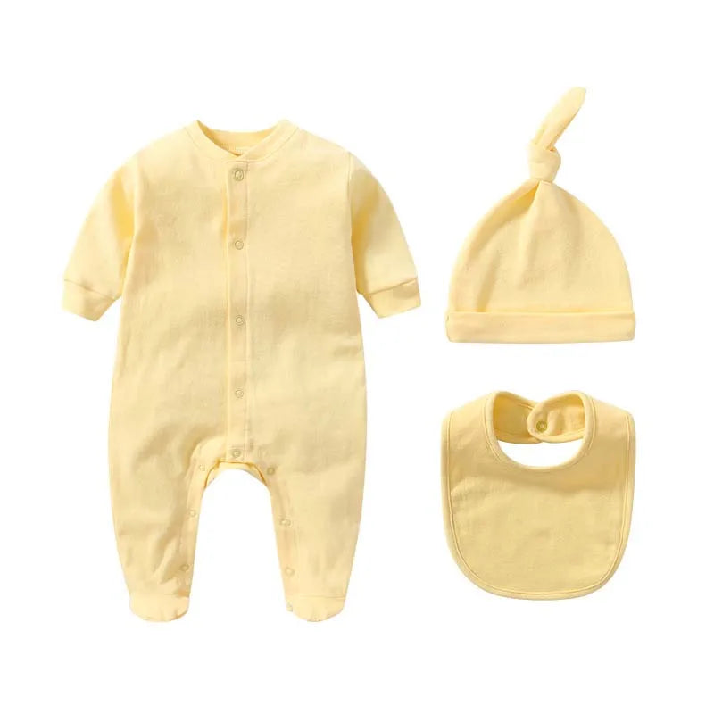 Baby Sets Boys Girls Clothing 100%Cotton Romper Solid Color Long Sleeve Bodysuits+Hat+Bib 3Pcs Set Spring Autumn Newborn Outfits