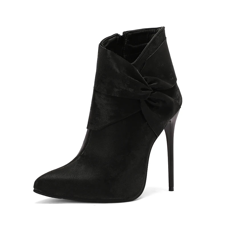 12cm Sexy Stiletto Women's Ankle Boots Twine Bowknot Decor Shoes Super Thin Heels Cloth Short Boots