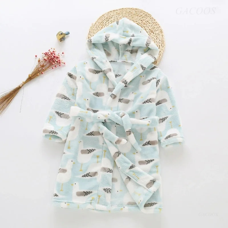 2025 Kids Hooded Flannel Bathrobe Baby Bath Bear Printed Robes Boys Girls Cute Cartoon Soft Warm Pajamas Long Sleeve Towel Robe