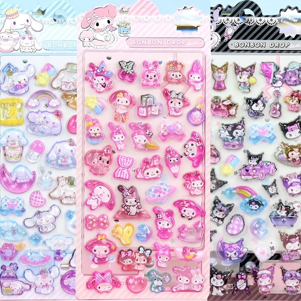 Kawaii 3D Sanrio Relief Stickers Cinnamoroll Kuromi My Melody Cartoon Crystal Sticker Cute Children Reward Stickers Gift