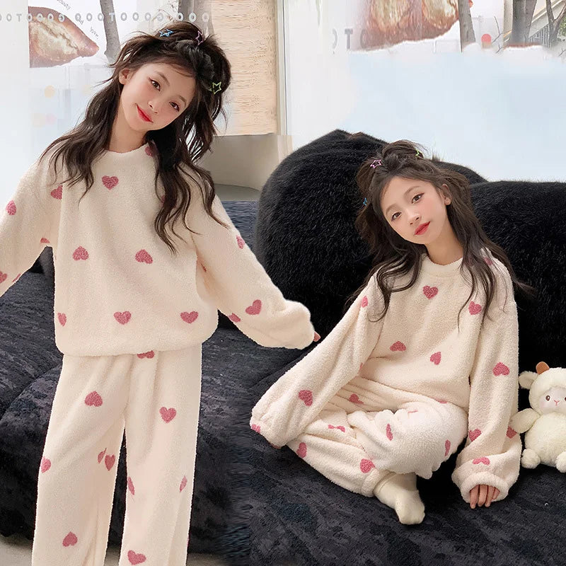 Girls Fleece Suits Kids Warm Padded Pajamas+Pants 2Pcs Outfits Children Autumn Winter Sets Teenager Soft Comfortable Clothing