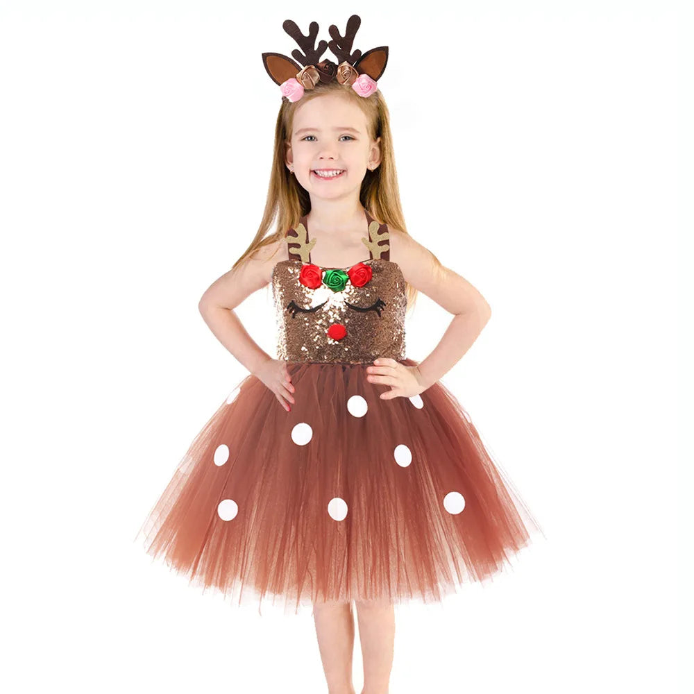 Girls Tutu Dress 2025 Spring Summer Autumn Winter New Christmas Elk Dress Children Mesh Suspender Dress