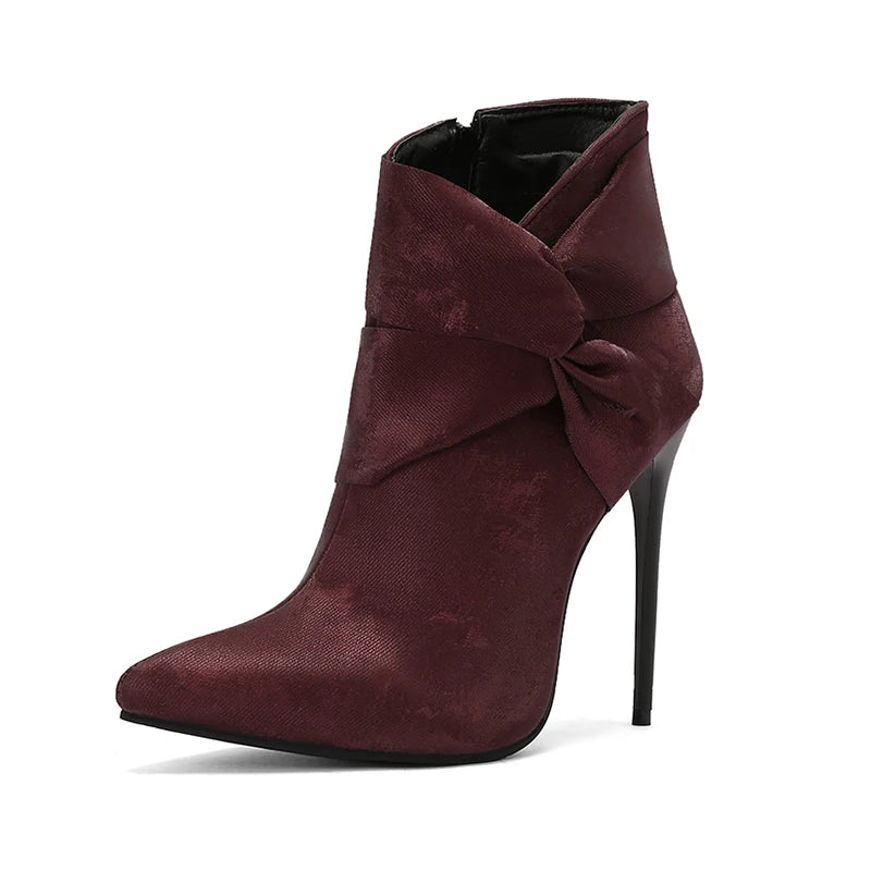 12cm Sexy Stiletto Women's Ankle Boots Twine Bowknot Decor Shoes Super Thin Heels Cloth Short Boots