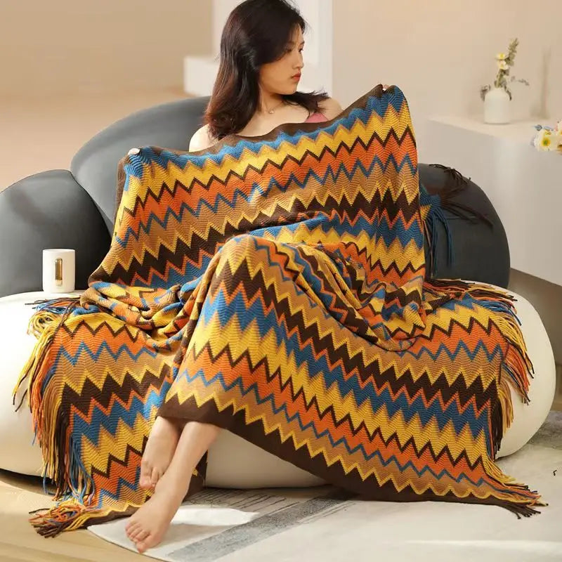 Bohemian Bed Blanket Knit Model Home Decoration, Colorful Striped Sofa Cover, Large Size Bedspread, Hotel Bed End Towel Cover
