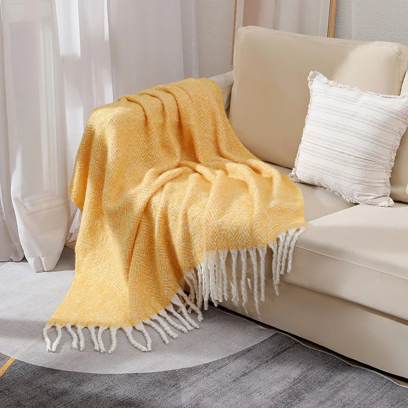 European and American Style Solid Sofa Blanket Napping Air Conditioning Blanket Towel with Tassels Super Soft Cozy Shawl Cushion