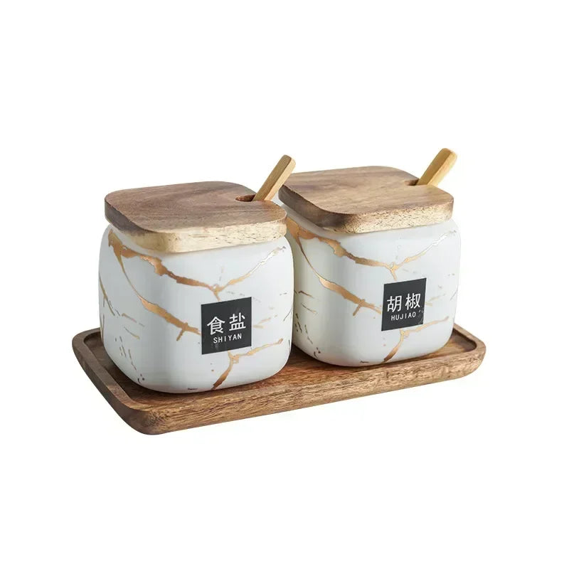 Japanese Kitchen Frosted Seasoning Pot Set Two Pack Marble Ceramic Household Combined Seasoning Box Salt Sugar Seasoning Bottle