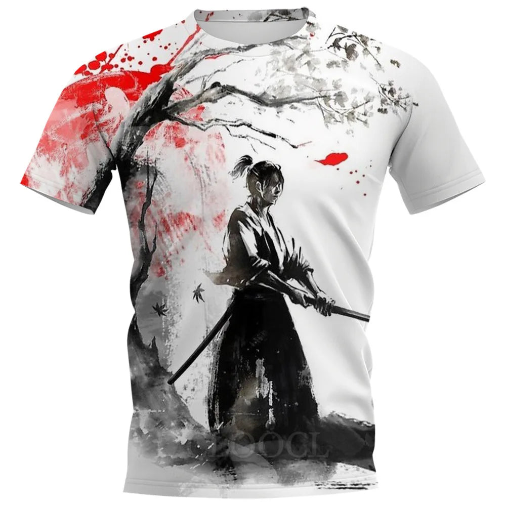 Japan Sakura Samurai Print Men's T Shirt Casual O-neck Short Sleeve Tops Summer Comfortable Breathable Pullover Fashion Clothing