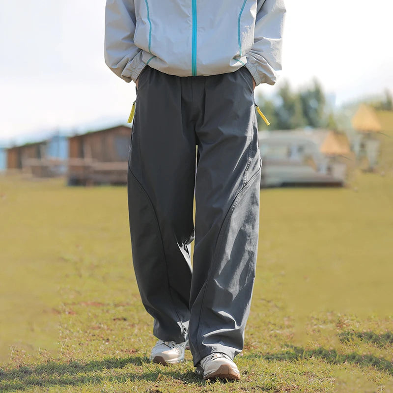 TFETTERS Men's Casual Pants Spring and Autumn Outdoor Straight Sports Pants Drawstring Elastic Waist Pocket Zipper Cycling Pants