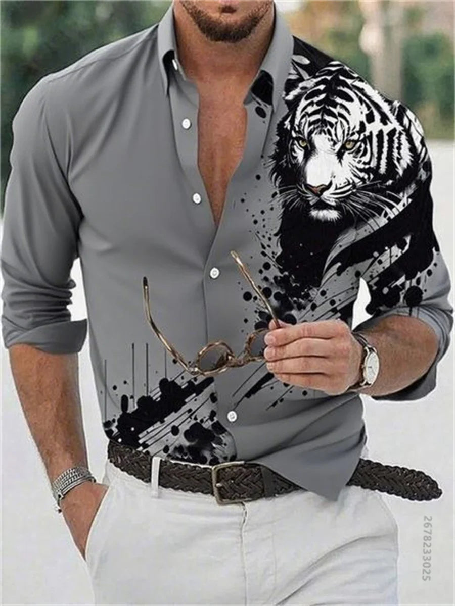 Men's pure color casual tiger 3D print long sleeve shirt, slim without ironing fashionable elastic fabric social essential