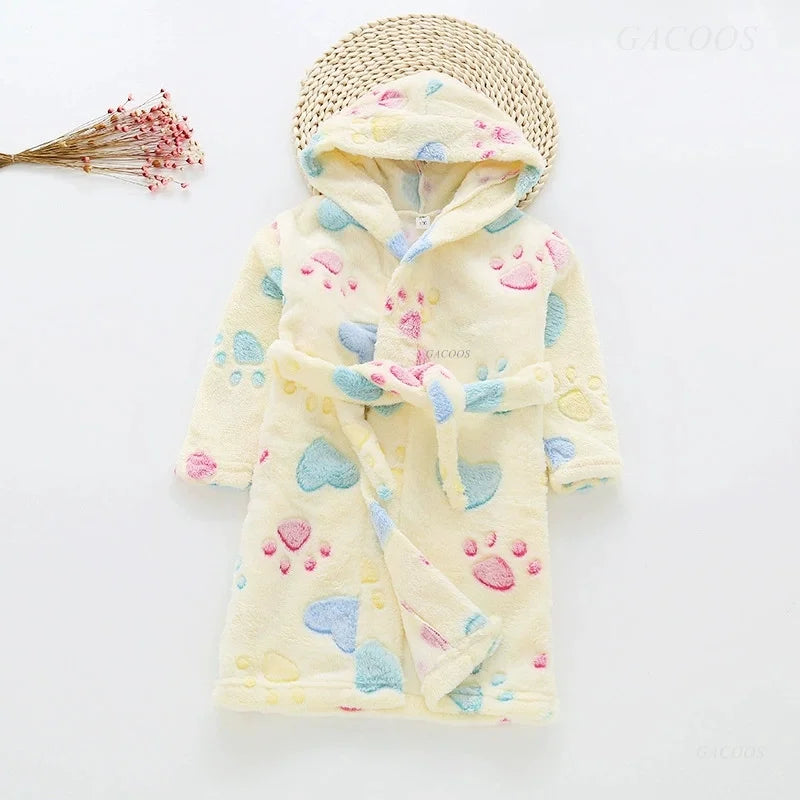 2025 Kids Hooded Flannel Bathrobe Baby Bath Bear Printed Robes Boys Girls Cute Cartoon Soft Warm Pajamas Long Sleeve Towel Robe