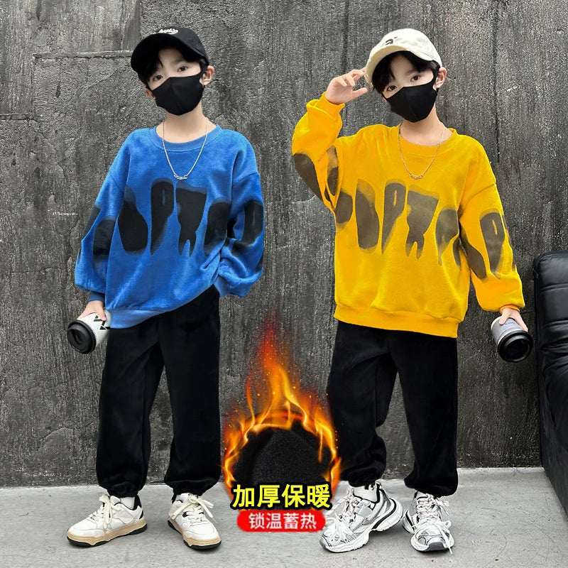 2025 autumn winter Boys Tracksuit velvet sweatshirt t shirt + ankle-tied Pants Suit Clothes children Set 4 5 6 8 10 12 14 Year