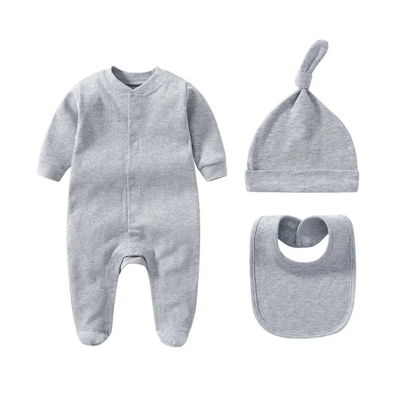 Baby Sets Boys Girls Clothing 100%Cotton Romper Solid Color Long Sleeve Bodysuits+Hat+Bib 3Pcs Set Spring Autumn Newborn Outfits