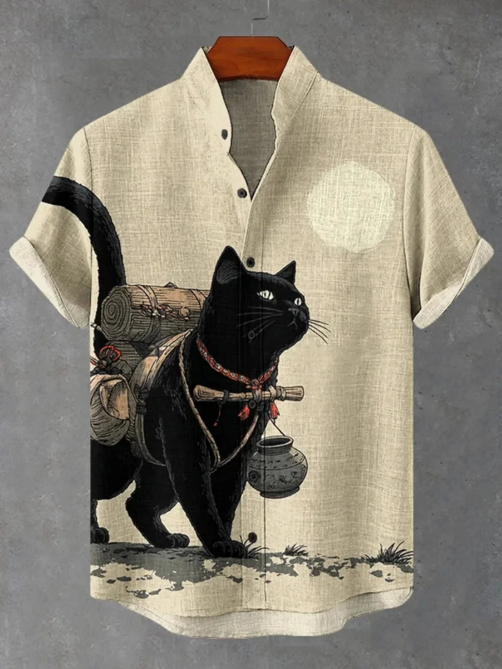 Men's Japanese Retro Art Black Cat Print Shirt Short Sleeve Stand up Collar Single Breasted Casual Linen Top for Vacation