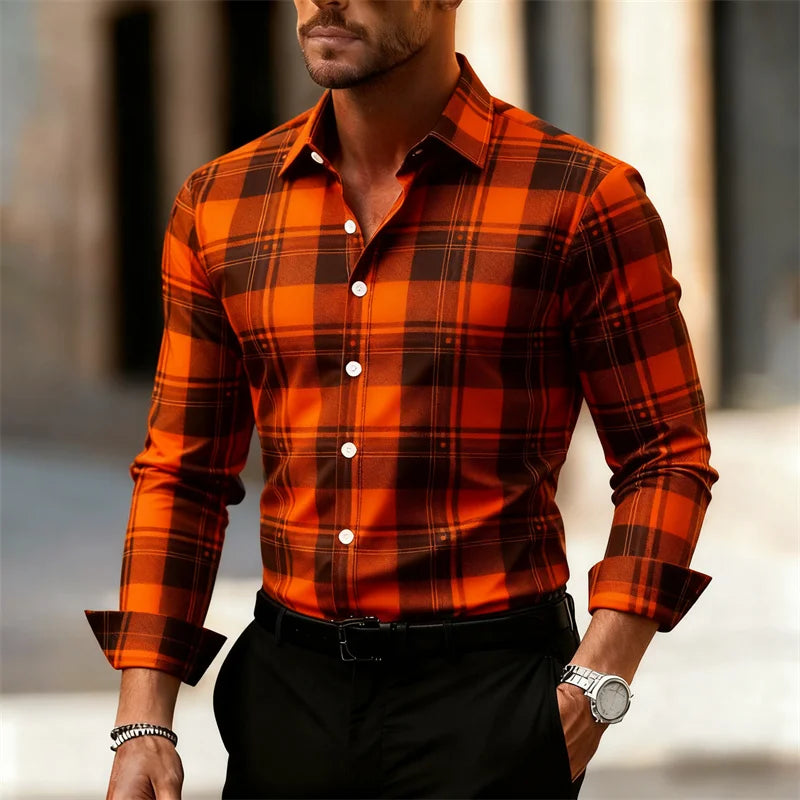 Men's plaid shirt, fashionable and casual street style long-sleeved shirt, men's tops, outdoor daily wear, large sizes XS-6XL