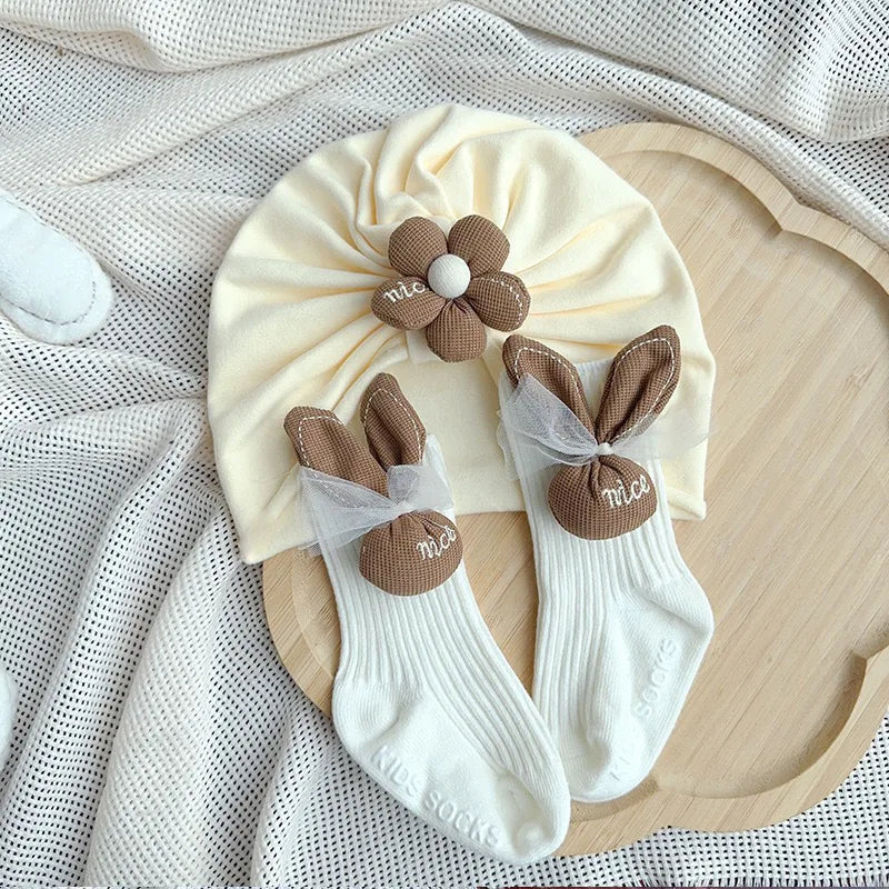 0-12 Months Baby Newborn Turban Cap Socks Set Cute Flower Princess Girl Indian Caps Cartoon Rabbit Ears Cotton Socks Kids Sokken
