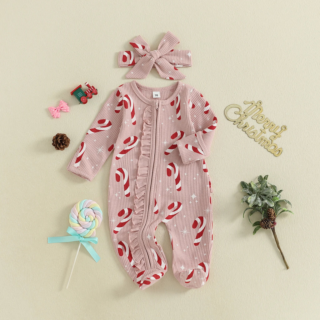 FOCUSNORM 0-18M Lovely Baby Girls Boy Christmas Romper Long Sleeve Candy Cane/Gingerbread Print Oblique Zipper Jumpsuit Headband