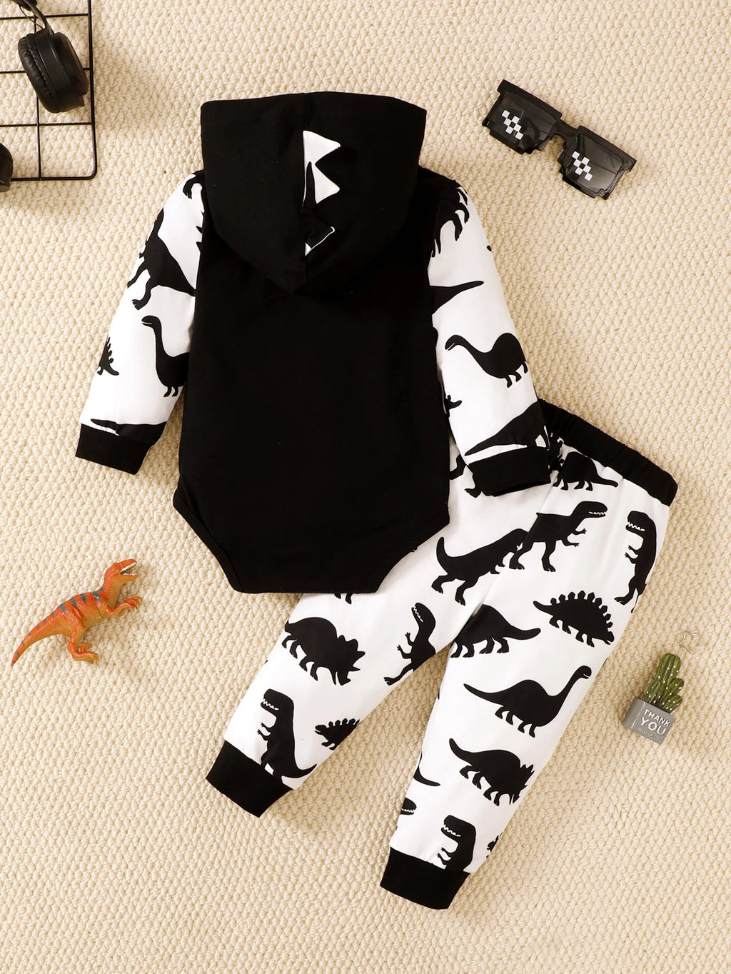Winter 0-1 Years Old  Infant  Baby  Boys  Dinosaur  Print  Long  Sleeved  Hooded  Sweatshirt  Casual  2-Piece  Set