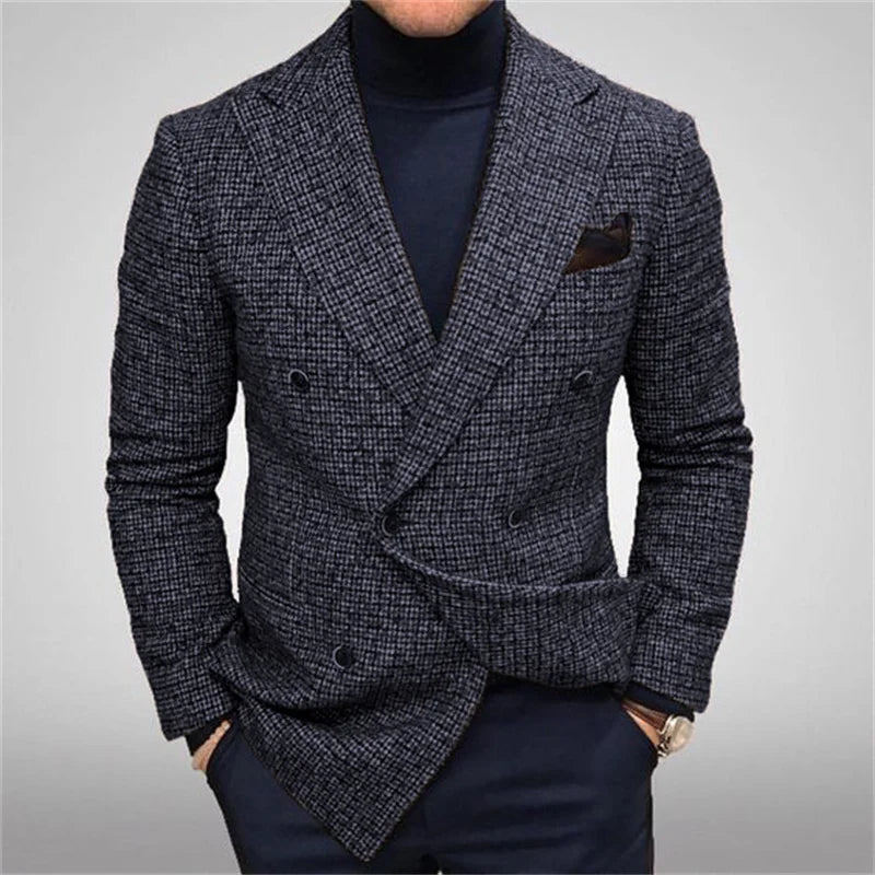 Men's Suit Jackets Double-Breasted Tweed Fabric Chest Bag Retro Gentleman Fashion Business Casual Formal Blazer Autumn Winter