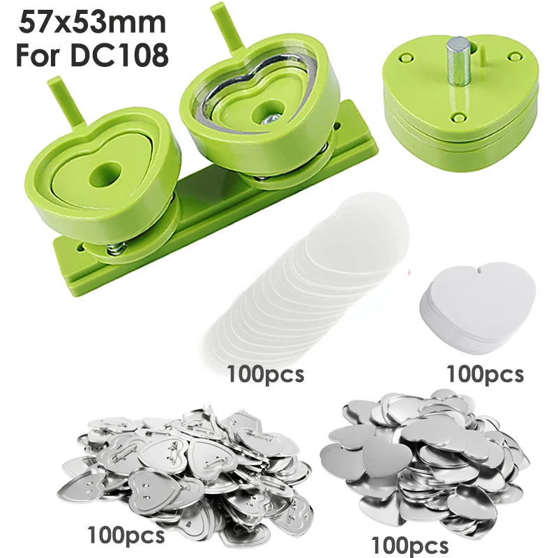 Pink/Green Button Badge Machine Mold Die DIY Round/Heart Pin Badge Making Punch Press Maker 57*53mm Badge Parts For DC108 Series