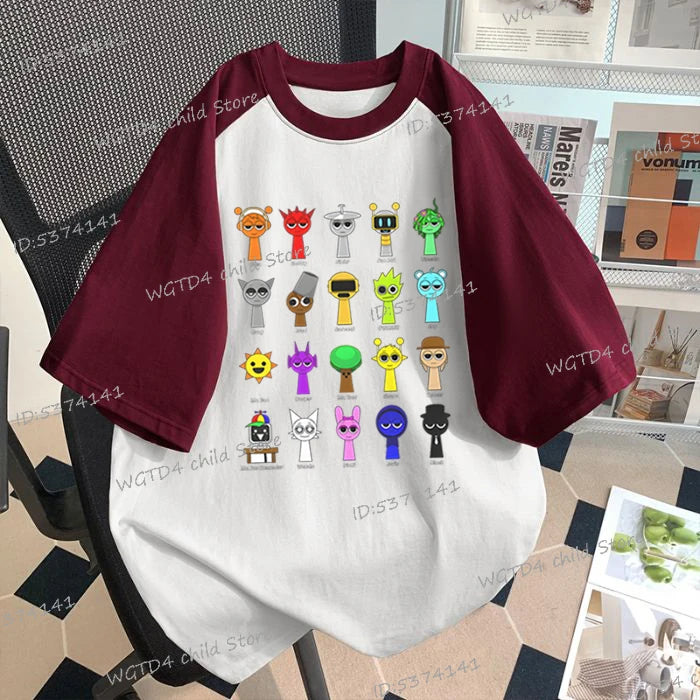 Sprunki Cartoon T-Shirt Boys Girls Shoulder Insertion Short Sleeve Tee New Design Cotton Summer Kids Clothes Gamer Humor Tees