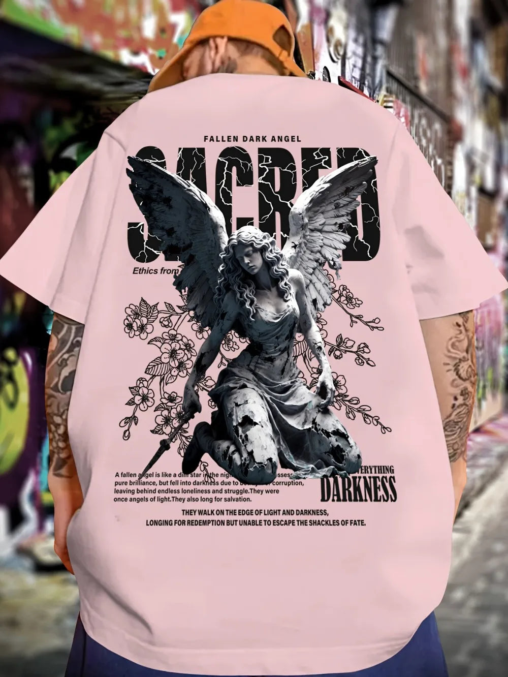 Summer fashion men's personalized angel letter print micro elastic breathable round neck T-shirt outdoor street versatile top